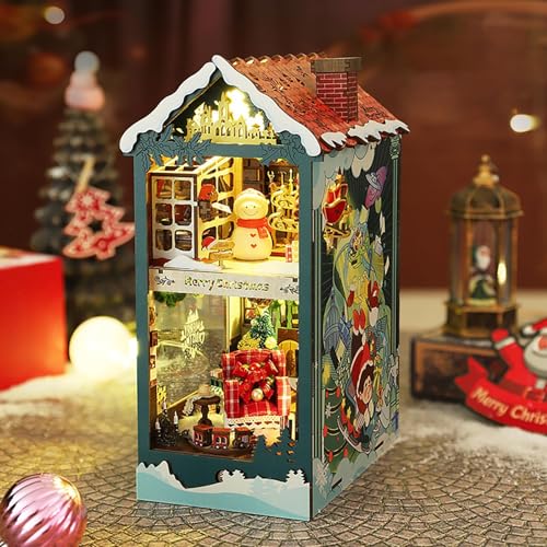 DAWCBVJQ Weihnachtspuppenhaus, Miniatur-Weihnachtsbuchecke, 3D-Holzpuzzle-Buchstütze, Bastelset mit LED-Lichtern, Buchecken- , Diorama-Kits für Teenager und Erwachsene, Heimdekoration von DAWCBVJQ