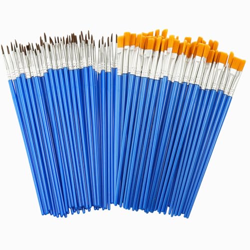 100 Stück Pinsel Set, 50 Stück Runde Pinsel und 50 Stück Flache Pinsel Kleine Flache Nylon Acrylfarben Pinsel Künstlerpinsel Pinsel Kinder und Erwachsene zum Zeichnen Basteln Künstlerbedarf von DAWRIS