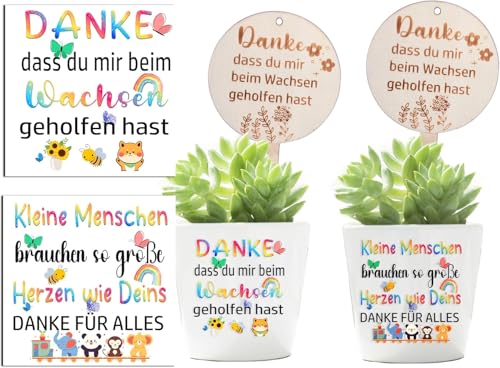 DAWRIS 4 Schriftzug Aufkleber für Blumentopf +4 Blumenstecker aus Holz| Abschiedsgeschenk Kindergarten | Geschenkidee Erzieherin | Danke das du Mir Beim Wachsen Geholfen Hast von DAWRIS