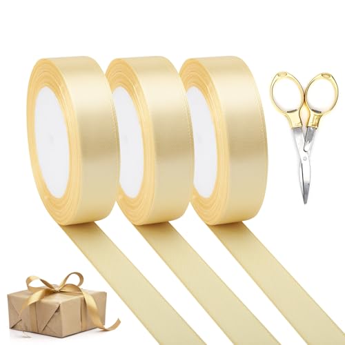 Satinband, 20 mm, Champagner-Gold, 3 Rollen mit einer Schere, Stoffband, Polyester, 20 mm x 22 m, Geschenkband, Goldband zum Basteln, für Kuchendekoration, Ballon-Haarschleifen von DAWRIS