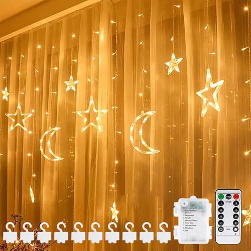 3.5m Stern Mond Lichterketten,LED Lichtervorhang mit Mond und Sterne,LED Sterne Mond Vorhang Licht,led Lichterkette Mond Sterne,mit 8 Blinkenden Modi,Lichterketten für Weihnachten Ramadan Dekoration von DAZZTIME