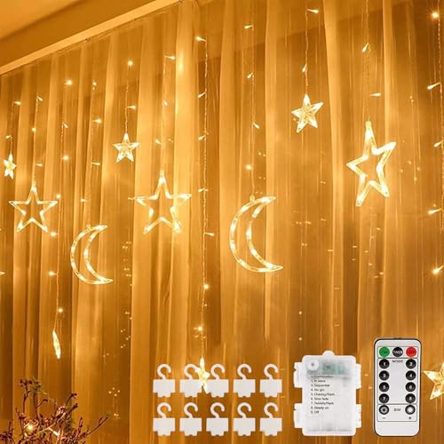 3.5m Stern Mond Lichterketten,LED Lichtervorhang mit Mond und Sterne,LED Sterne Mond Vorhang Licht,led Lichterkette Mond Sterne,mit 8 Blinkenden Modi,Lichterketten für Weihnachten Ramadan Dekoration von DAZZTIME