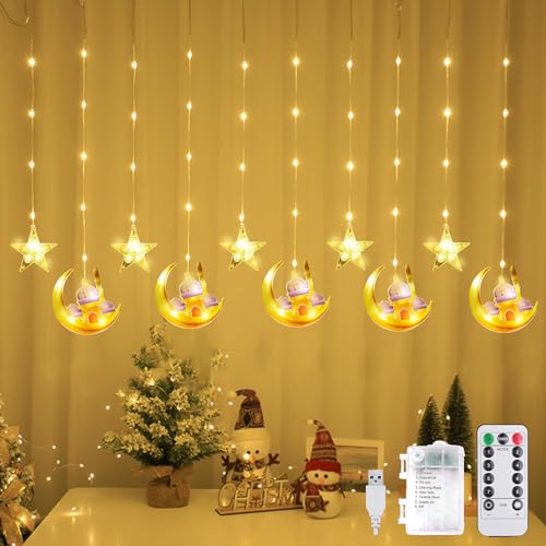 DAZZTIME Ramadan Lichterkette,100 LED Ramadan Licht Stern Mond Lichterketten,Stern Mond Lichterketten 3m,Lichterkette Batterie,Mit 8 Blinkenden Modi,Fernbedienung,für Ramadan,Party,Fenster. von DAZZTIME