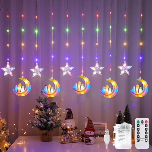 DAZZTIME Ramadan Lichterkette,100 LED Ramadan Licht Stern Mond Lichterketten,Stern Mond Lichterketten 3m,Lichterkette Batterie,Mit 8 Blinkenden Modi,Fernbedienung,für Ramadan,Party,Fenster. von DAZZTIME