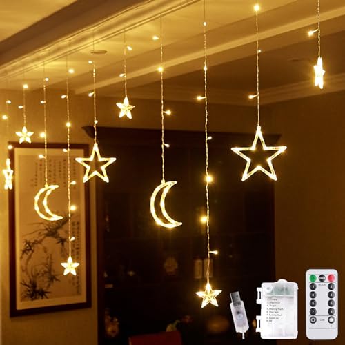 DAZZTIME Ramadan Licht Stern Mond Lichterketten,100 Led Ramadan Dekorative Fee Licht,3.5 M led Muslim Ramadan lichterkette,Mit 8 Blinkenden Modi,Fernbedienung,für Ramadan,Party,Fenster. von DAZZTIME