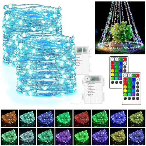 LED Lichterkette,2 Stück 5m LED Lichterkette aus Kupferdraht,50er LED Lichterkette,16 Farbwechsel,Lichterkette Außen Batterie,für Party,Garten,Weihnachten,Halloween,Hochzeit Deko. von DAZZTIME