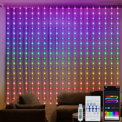 DBFAIRY 300 LED Lichtervorhang, 2x3Meter Lichterkettenvorhang RGB Eingebauter Chip 72 Modi, Wasserdicht USB LED Vorhang mit Fernbedienung/APP für Party Weihnachten Innen Außen Deko von DBFAIRY