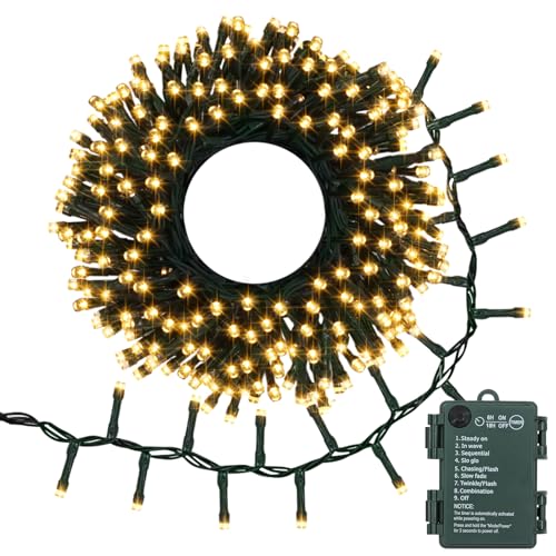 DBFAIRY Cluster Weihnachtsbeleuchtung Außen, 3M 200 LED Baum Lichterkette Batteriebetrieben mit Auto Timer 8 Modi Wasserdicht Feuerwerkskörper Lichterkette für Garten Party Baum Dekor (Warmweiß) von DBFAIRY