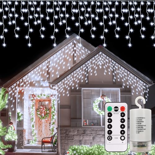 DBFAIRY Eisregen Lichterkette Außen Batterie, 6M 300 LED Lichterkette Weihnachten mit Fernbedienung Timer, Wasserdicht 8 Modi Weihnachtslichterkette für Haus Veranda Hochzeit Dekoration-Kaltweiß von DBFAIRY