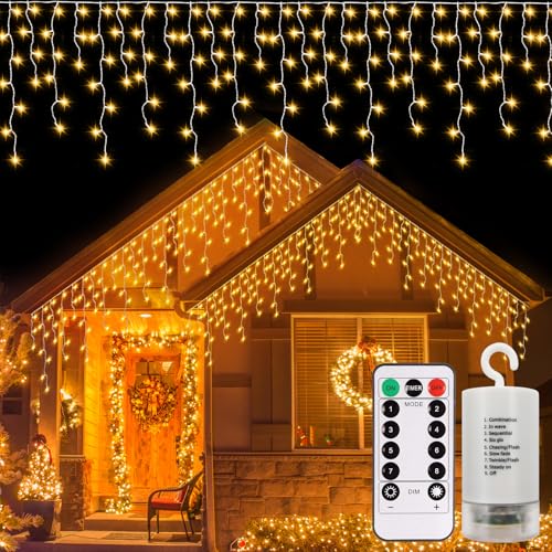 DBFAIRY Eisregen Lichterkette Außen Batterie, 6M 300 LED Lichterkette Weihnachten mit Fernbedienung Timer, Wasserdicht 8 Modi Weihnachtslichterkette für Haus Veranda Hochzeit Dekoration-Warmweiß von DBFAIRY