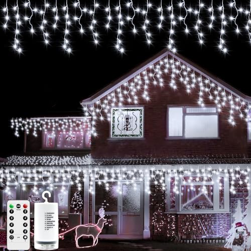 DBFAIRY Eiszapfen Outdoor Weihnachtslichter, 6M 300 LED Eisregen Lichterkette Batteriebetrieben mit Fernbedienung Wasserdicht Vorhang Lichterkette für Fenster Pavillon Balkon Traufe Dekor - Kaltweiß von DBFAIRY