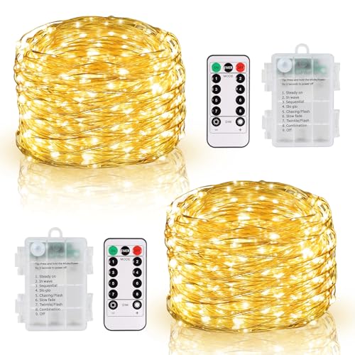 DBFAIRY Lichterkette Batterie, 2x10M 100 LED Lichterkette Batterie mit Fernbedienung 8 Modi und Timer, Wasserdicht Lichterkette Draht für Innen Außen Party Hochzeit Weihnachten Deko (Warmweiß) von DBFAIRY