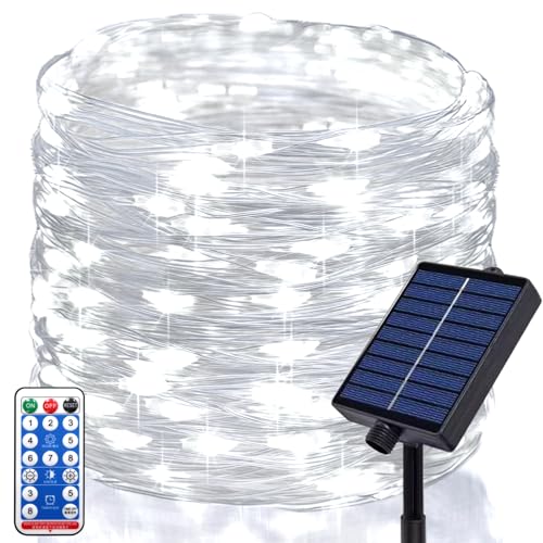 DBFAIRY 300 LED 30M Solar Lichterkette Aussen, Solarlichterkette Außen Wetterfest mit Fernbedienung Timer Lange Draht Lichterkette für Party Garten Balkon Baum Deko (Weiß) von DBFAIRY