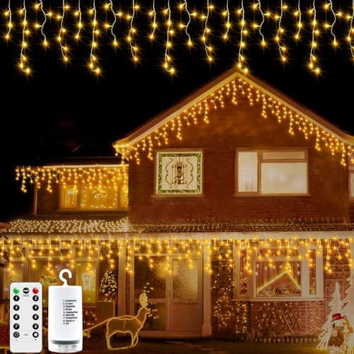 DBFAIRY Weihnachten Eiszapfen Lichter Außen 6M 300 LED Vorhang Lichterkette Batteriebetrieben mit Fernbedienung 8 Modi Eiszapfen Lichterkette für Fenster Pavillon Balkon Dach Dekor - Warmweiß von DBFAIRY