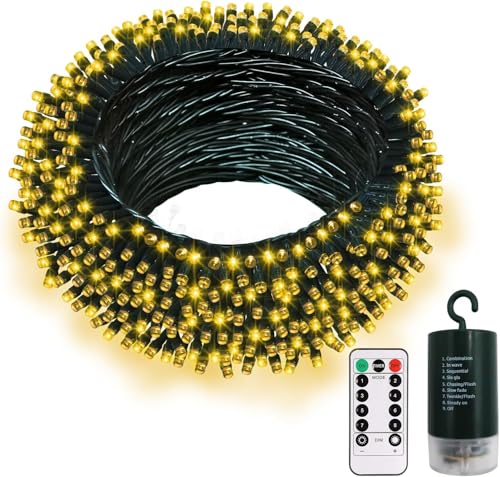 DBFAIRY Weihnachtsbaum Lichter Außen, 20M 200 LED Lichterkette Batterie mit Fernbedienung Timer Grün Kabel Lichterkette Wasserdicht für Garten Terrasse Hochzeit Party Dekorationen (Warmweiß) von DBFAIRY