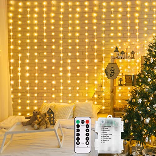 DBFAIRY 2x2M Lichtervorhang innen, 200 LED Lichterketten Vorhang mit 8 Modi Fernbedienung Timer, Batterie Lichterkette Vorhang Wasserfest für Party Hochzeit Innen und außen Deko (Warmweiß) von DBFAIRY