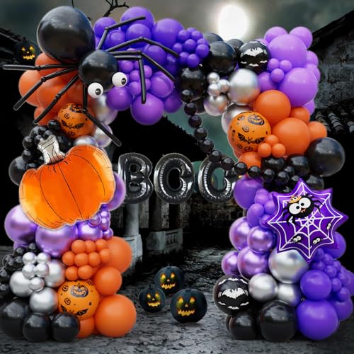 176-teiliges Halloween-Ballon-Girlande-Set mit schwarzen, orangefarbenen, silberfarbenen und violetten Augen, Kürbisspinnen-Boo-Folienballons, Halloween-Party-Dekorationen für Halloween, Geburtstag, von DBKL