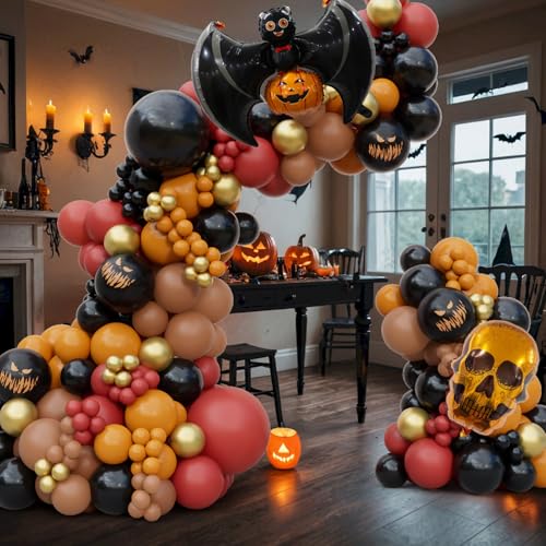 DBKL 160 Stück Halloween-Ballon-Girlande-Set, schwarz, staubig, orange, gelb, gold, Halloween-Ballonbogen mit riesigem Kürbis-Schädel Fledermaus-Folienballons, 3D-Fledermaus-Aufkleber für von DBKL