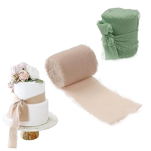 DBOO 2 Rollen handgefertigtes Fransen-Chiffonband, 2,5 cm x 5 m, 10 m, Chiffon-Seidenband für Hochzeitseinladungen, Brautsträuße, Geschenkverpackungen, Bastelarbeiten, Salbeigrün und Nude-Rosa) von DBOO