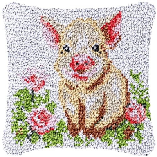 DBSOD Knüpfkissen-Set mit niedlichem Schwein, 3D-Stickerei, mit bunter vorgedruckter Leinwand-Häkelarbeit, handgefertigt, Stickkissenbezug (43 x 43 cm) von DBSOD