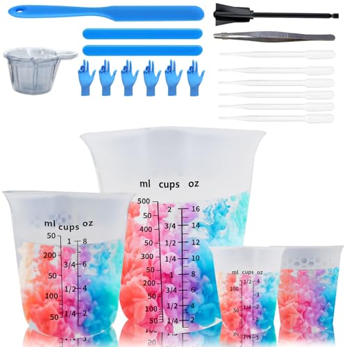 31 Stück Silikon Messbecher Set mit Wabenstruktur Rutschfest Epoxidharz Zubehör 500/250/120 ML (Cup/OZ) Mischbecher Measuring Cups für Schmuckherstellung Labor und Küche Aufbewahrung Organisation von DCIDBEI