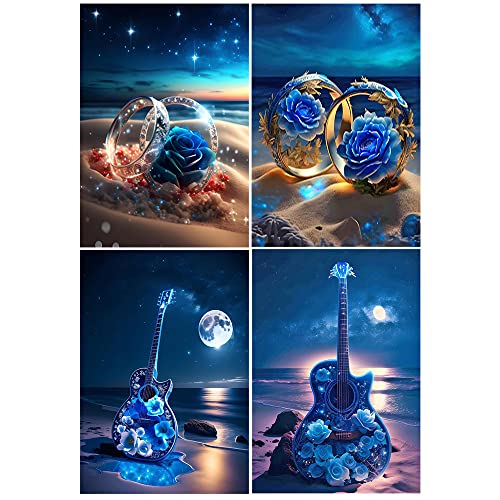 3D Ai Diamond Painting Valentinstag 30x40 cm 4er Set DIY Diamond Painting Ringe Rosen Diamant Painting Bilder Gitarre Malen nach Zahlen Strand und Meer Landschaft Diamant Malerei Stickerei Kreuzstich von DCIDBEI