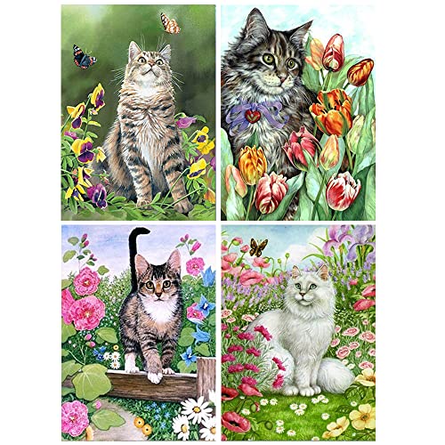 5D Diamond Painting Bilder 4 Set 30x40 cm Diamond Painting Katze in Blumen Diamant Painting für Erwachsene 4 Stück Diamant Malerei Malen nach Zahlen Full Drill Kristall Set für House Wall Dekoration von DCIDBEI