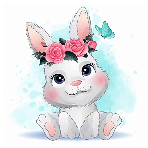 DCIDBEI 30 x 30 cm 5D Runde Diamond Painting Set Volle,Tiere Anime Diamant Puzzle für Erwachsene, Malen Zahlen Mosaik, kreative Freizeit Kinder für Wanddekoration, Hase mit Rosen von DCIDBEI