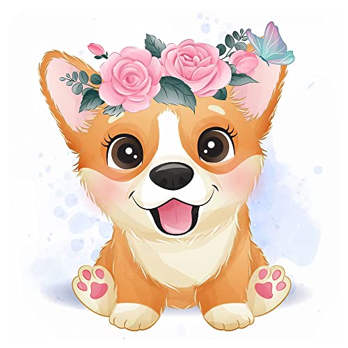 DCIDBEI 30 x 30 cm DIY 5D Runde Diamant Malerei Hund,Diamant Painting Bilder Tiere Diamond Painting Kits Anime, Wohnzimmer Schlafzimmer Dekoration Aufkleber-Welpe mit Rosen von DCIDBEI