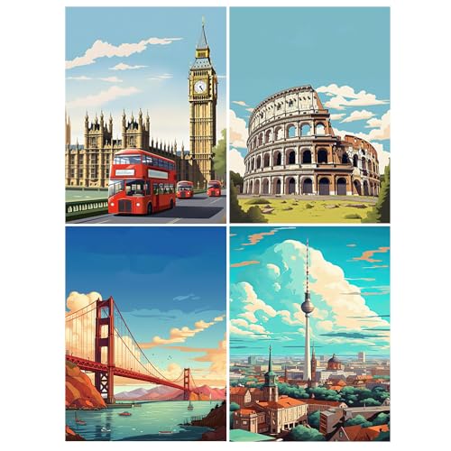 DCIDBEI 30 x 40 CM 4 Stück Diamond Painting Abstrakte Landschaft, 5D Diamant Painting Bilder Stadt, Runde Puzzle Diamond, Handwerk Geschenk für Haus, Wohnzimmer Schlafzimmer Dekoration von DCIDBEI