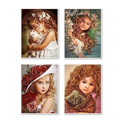 DCIDBEI 30 x 40 CM 4 Stück Rund Diamond Painting Engel, 5D Diamant Stickerei Mädchen, Puzzle Diamond Katze für Kinder, Wohnzimmer Schlafzimmer Dekoration || Kleines Mädchen von DCIDBEI