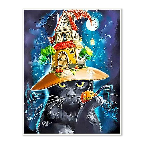 DCIDBEI 30 x 40 cm Set Diamant-Malerei Halloween, Erwachsene Diamond Painting 5D Katze mit Hut, Puzzle Diamant Schwarze Katze, Wanddekoration Schlafzimmer/Geschenk Geburtstag Party für Kinder von DCIDBEI