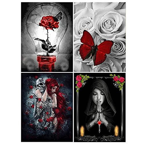 DCIDBEI 30 x 40CM 4 Pack Malen Nach Zahlen Blumen Liebe, Diamond Painting Totenkopf Paar für Erwachsene, Geschenk Dekoration für Party,basteln, Malen & Handarbeiten von DCIDBEI