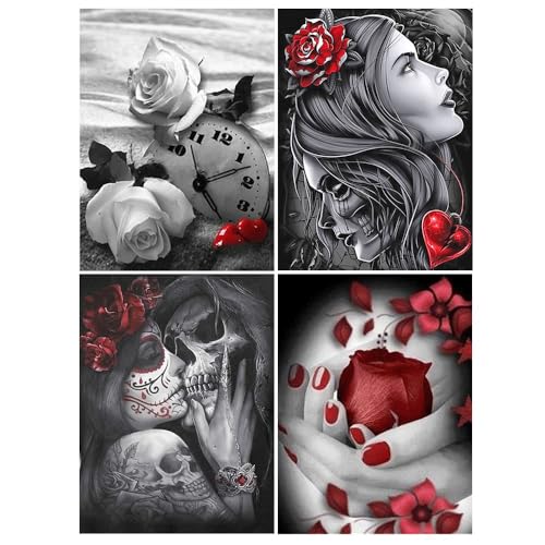 DCIDBEI 30 x 40CM 4 Pcs Diamond Painting Frau für Erwachsene, Malen Nach Zahlen Mthos Kinder Kunsthandwerk Dekoration Geschenk für Party Gotik||Skelett Paar von DCIDBEI