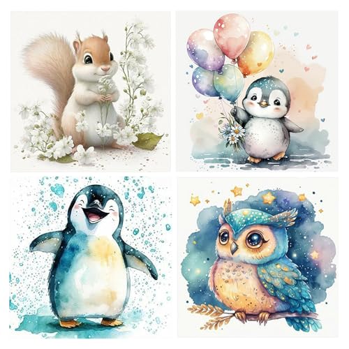 DCIDBEI 30x30CM 4 Set Diamond Painting Tiere Anime, DIY 5D Diamant Malerei Eule, Diamant Painting Bilder Pinguin, Puzzle Diamond Rund, Wanddekoration Kinderzimmer Wohnzimmer zu Hause von DCIDBEI