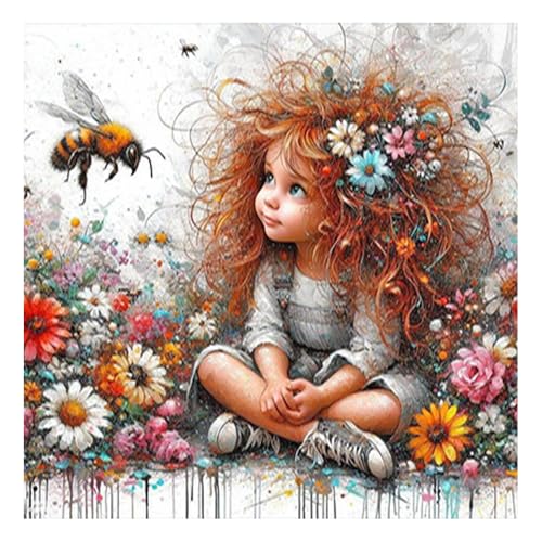 DCIDBEI 30x30CM 5D Diamond Painting Mädchen mit Roten Haaren, Diamant Painting Engel, Diamant Malerei Blumen, Rund Kreuzstich-Set, Wanddekoration für Kinderzimmer Schlafzimmer Büro von DCIDBEI