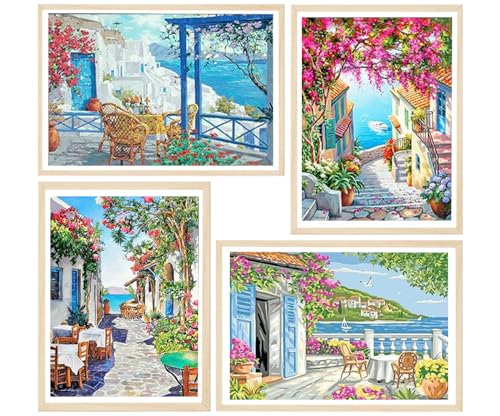 DCIDBEI 30x30CM DIY 4 Lot Diamant-Stickerei Landschaft Meer, 5D Rund Diamond Painting blaue Landschaft, Diamant Painting Bilder Santorin, kreatives Freizeit-Set für Erwachsene, Geschenke für Kinder von DCIDBEI