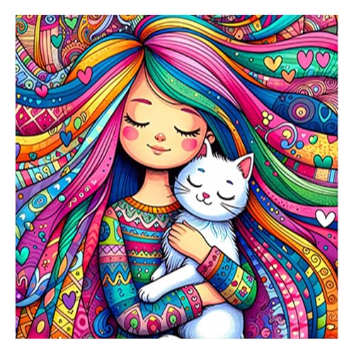 DCIDBEI 30x30CM Runde Diamond Painting Mädchen mit bunten Haaren, 5D Puzzle Diamant Weiße Katze, DIY Diamant Painting Tiere, Mosaik kreative Hobby Erwachsene, Wanddekoration Büro Kinderzimmer von DCIDBEI