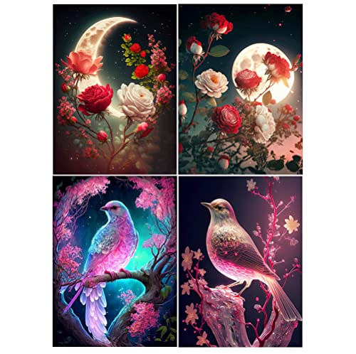 DCIDBEI 3D AI 4 Pack Diamond Painting Blumen Bunte Vögel 30x40 cm Diamond Painting Blumen Rose Malen nach Zahlen Blumen Erwachsene Diamant Painting Bilder Erwachsene Rosen Mond Vogel Blumen von DCIDBEI