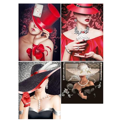 DCIDBEI 4 Pack Diamond Painting Frau mit Hut 30x40cm Basteln Erwachsene Frauen Deko Frauen Damen Diamond Painting Diamond Painting Edle Damen Diamond Painting Ohrringe Damen Diamant Puzzle von DCIDBEI