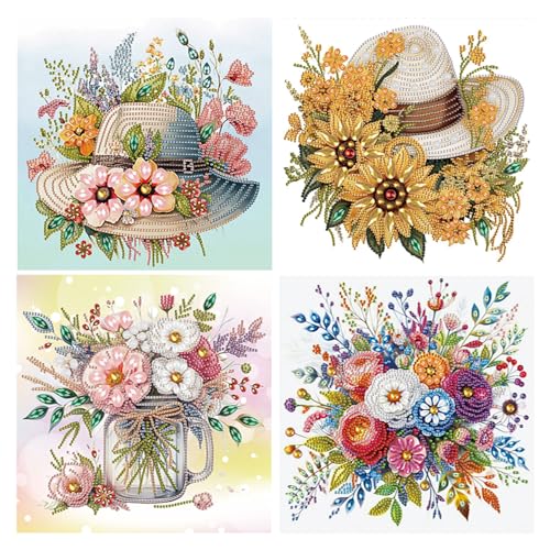 DCIDBEI 4 Pack Diamond Painting Special Shape 30x30cm Diamond Painting Blumen Vase Diamond Painting Blumen Mütze Diamant Painting Bilder Blumen Malen nach Zahlen Blumen Stickbilder Anfänger von DCIDBEI