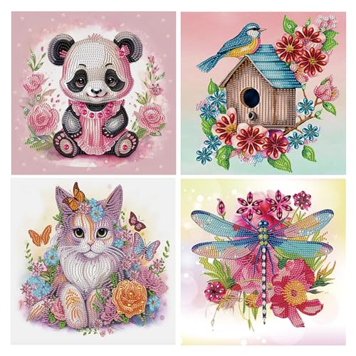 DCIDBEI 4 Pack Diamond Painting Strass Glitzer Special Katze 30x30cmDiamond Art Malen nach Zahlen Libelle Diamond Painting Panda Pandabär Embroidery Diamant Painting Vogel auf Leinwand Anfänger Tiere von DCIDBEI