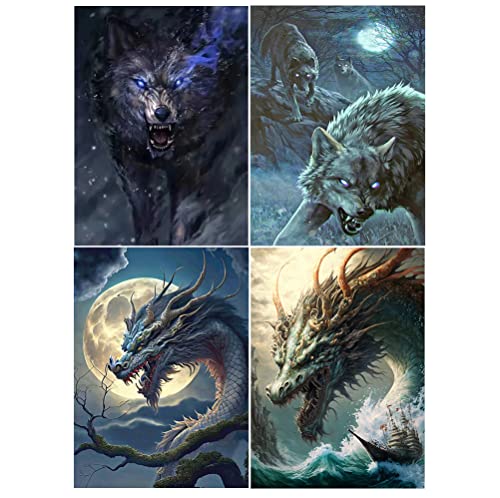 DCIDBEI 4 Pack Diamond Painting Tiere 30x40 cm 5D Diamond Painting Wolf Diamant Malerei Malen nach Zahlen Wolf Diamond Painting Dragon Drachen Dragons Basteln Erwachsene Stickbilder Kreuzstich Mosaik von DCIDBEI