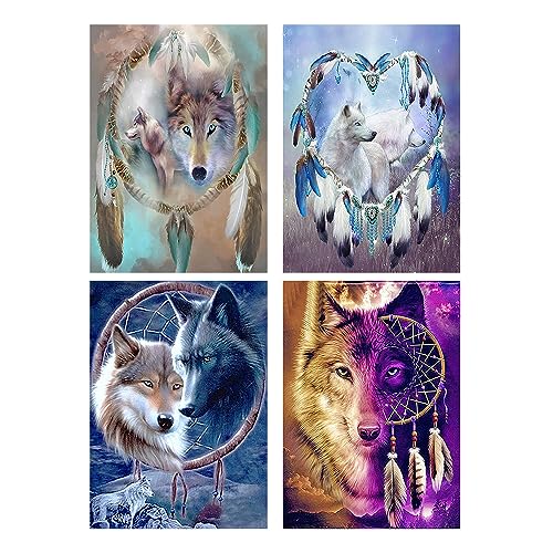 DCIDBEI 4 Pack Diamond Painting Traumfänger Wolf 30x40 cm Traumfänger Diamond Painting Daiments Painting Traumfänger Diamond Painting Erwachsene Traumfänger Malen nach Zahlen Wolf Mosaik Tiere von DCIDBEI