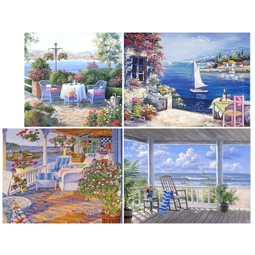 DCIDBEI 40/30x30CM 5D DIY Runde Diamond Painting Landschaft Blau || 4 Pack Diamant-Stickerei Haus am Meer || Puzzle Diamant Meer für Kinder | Wanddekoration Wohnzimmer Schlafzimmer Büro für von DCIDBEI