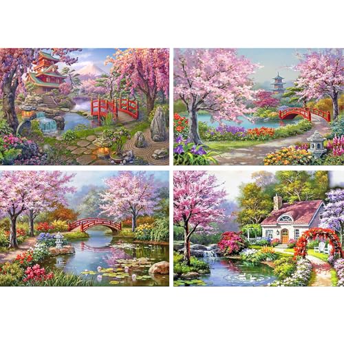 DCIDBEI 40 x 30 CM 4er Diamond Painting Landhaus, 5D Diamant Malerei Kirschblüten für Kinder, DIY Puzzle Diamant Rund, Diamond Art, Wanddekoration für Eingangsbereich Wohnzimmer von DCIDBEI