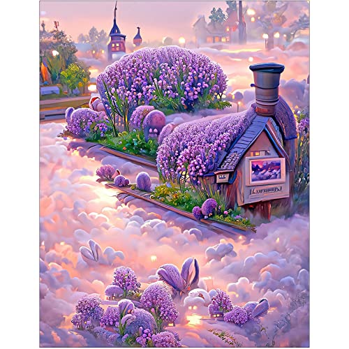 DCIDBEI 40 x 50 cm 5D Blume Diamant-Malset Quadratisch Square DIY Diamond Painting Landschaft Märchen Kreuzstich Gothik Wohnzimmer Schlafzimmer Dekoration, Lila Lavendel-Cottage von DCIDBEI