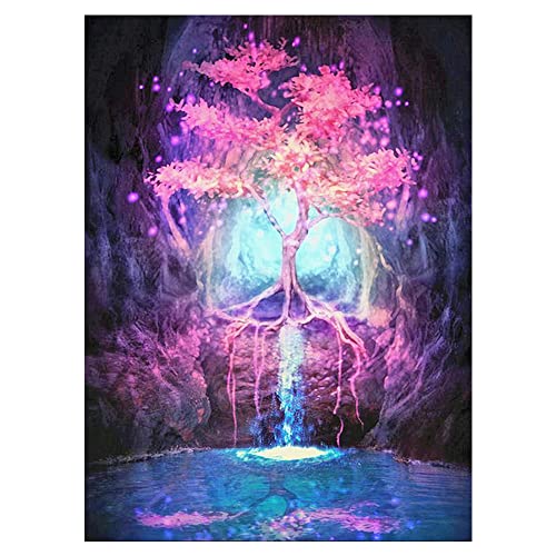 DCIDBEI 40 x 50 cm Diamant-Malerei Rund, 5D Diamond Painting Landschaft Berge, DIY für Kinder und Erwachsene, Wanddekoration für den Innenbereich, mit Werkzeugen, Rosa Magischer Baum des Lebens von DCIDBEI