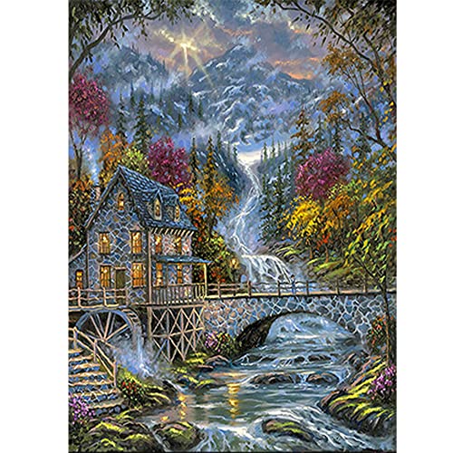 DCIDBEI 40x50CM 5D DIY Quadrat Diamant-Stickerei Wasserfall, Diamant-Malerei Landschaft ländlich Diamond Painting Berge,Leinwan Diamant Kunsthandwerk Mosaik Erwachsene Deko | Yamanaka-Hütte von DCIDBEI