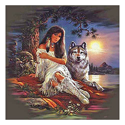 DCIDBEI 40x50CM 5D Diamant Malerei Erwachsene, Quadratisch Malen Nach Zahlen Tiere Wolf, Kinder Diamond Painting Indianer Set, Dekoration,Basteln, Malen & Handarbeiten,Wolf und Frau von DCIDBEI